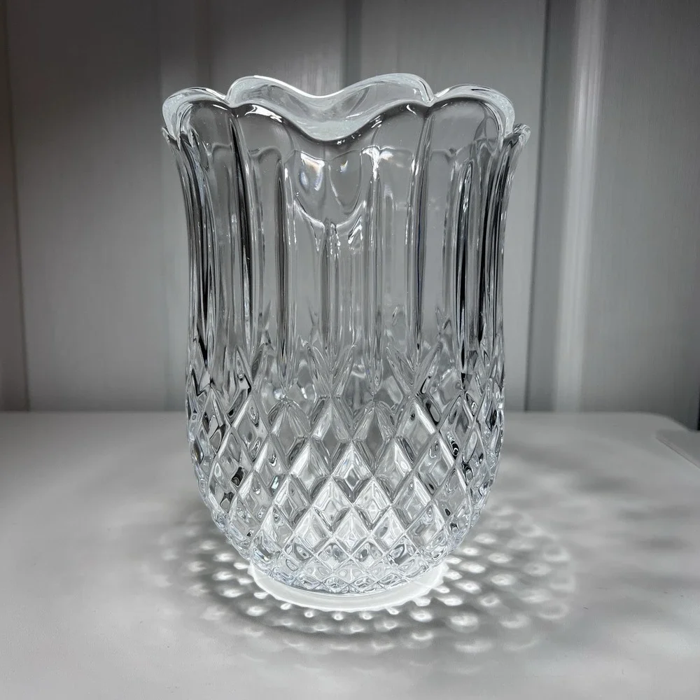 Lead Crystal Pitcher Scalloped Rim Diamond Wedge 7.5
